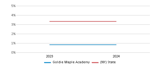 This chart presents a comparison of the percentage of students who identify as two or more races at Goldie Maple Academy, versus the percentage of public school students who identify as two or more races in the New York City Geographic District #27 and in New York, utilizing data collected over several years with the most recent figures pertaining to the 2023-24 school year.