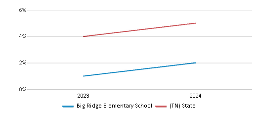 This chart presents a comparison of the percentage of students who identify as two or more races at Big Ridge Elementary School, versus the percentage of public school students who identify as two or more races in the Union County School District and in Tennessee, utilizing data collected over several years with the most recent figures pertaining to the 2023-24 school year.